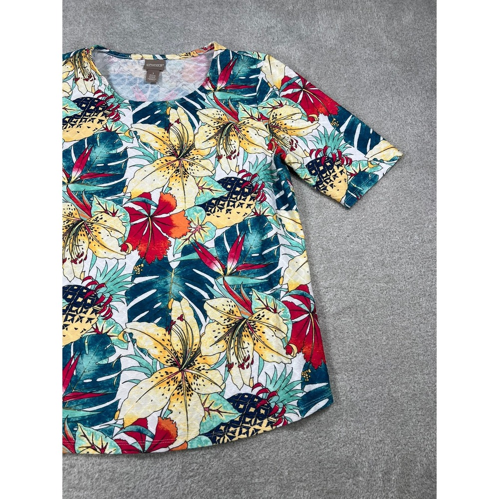 Chicos Tropical Floral Knit Top Womens 1 M Short Sleeve Scoop Neck - Picture 4 of 8